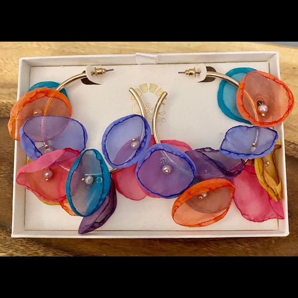 Gold Hoops with Colorful Flower Embellishments - Picture 2 of 2